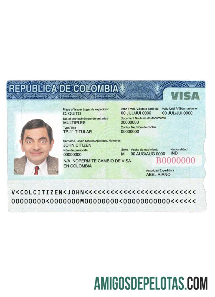 Visto de viagem para Colômbia exemplo